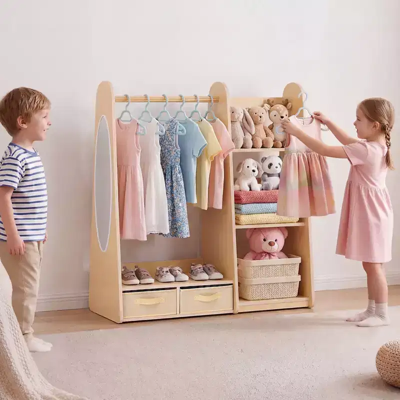 Kids Dress Up Storage with Mirror, Toddler Wardrobe Closet for Little Girls, Armoire with Shelves & Bottom Tray, Natural Wood