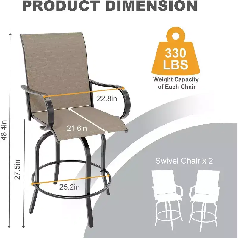Counter Height Garden Bar Stools Set of 2, 360 Swivel Outdoor Patio Chairs with Armrests & High Back, Breathable Textilene Mesh Bar Seating for Deck