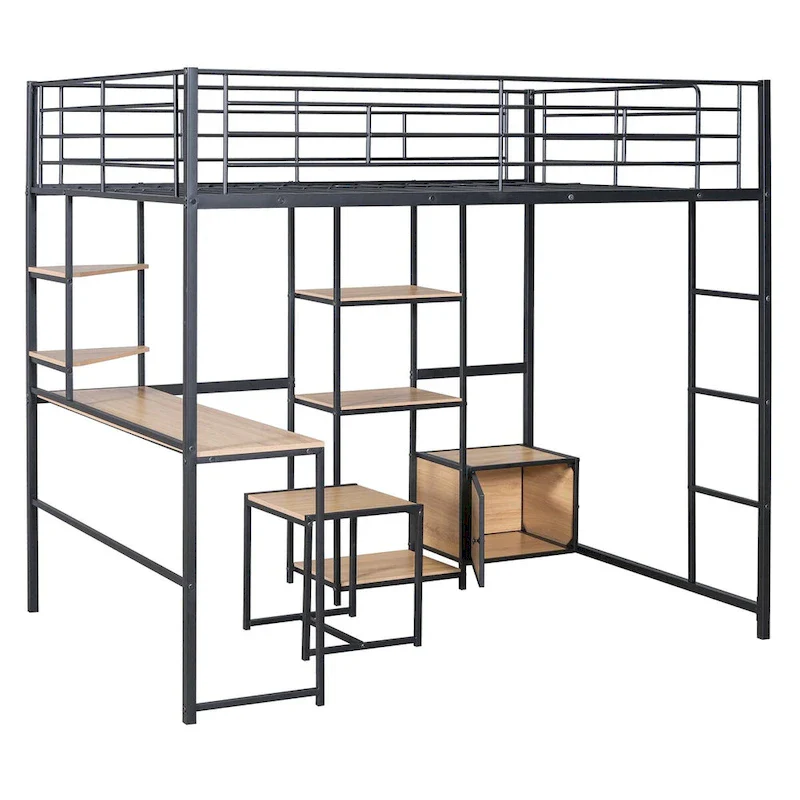 Full Size Loft Bed with Built-in Desk and Stool, Metal Frame, Teen Study Bedroom