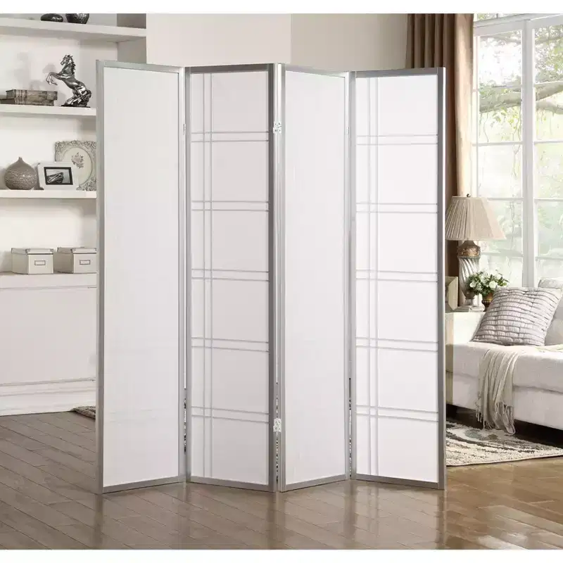 Roundhill Furniture Seto 4-Panel Room Divider Screen, Silver