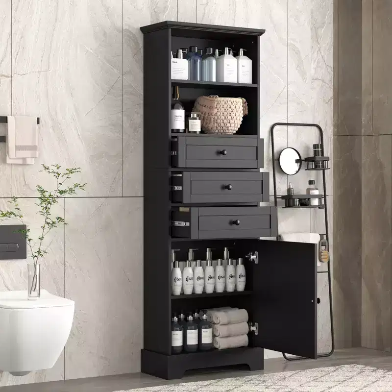 Vertical Storage Cabinet with Drawers and Adjustable Shelves for Bathroom, Study, Office and Interior