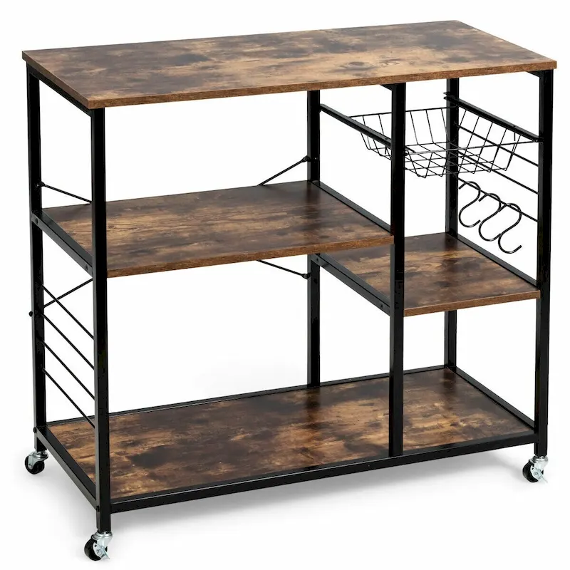 3-Tier Rolling Baker's Rack with Basket & S-Hooks – Brown, Metal Frame, 4 Wheels, Industrial Style