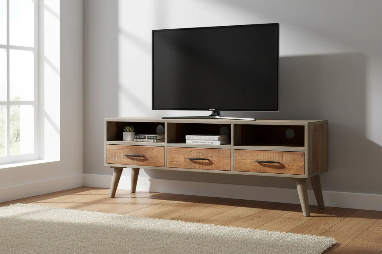 TV Stand in Grey and Honey Brown, Solid Mango Wood with Distressed Finish, 51 Inch