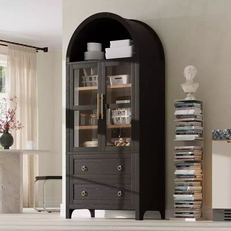 Whisen 71 Tall Arched Kitchen Pantry with 2 Large Drawers, Adjustable Shelves & Glass Door