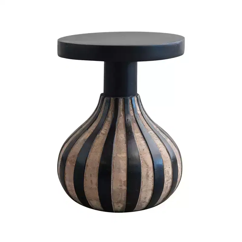 Round Mango Wood Side Table with Striped Base, Black and Natural