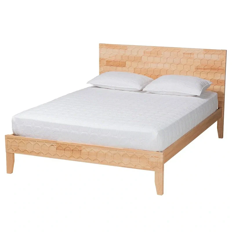 Carved Honeycomb Platform Bed – Natural Wood