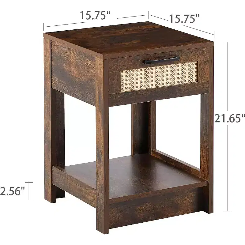 Black Rattan Nightstand with Drawer 15.75 Inch Modern Side Table for Bedroom & Living Room