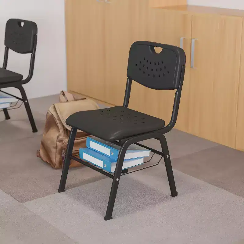 Black Plastic Student Classroom Chair with Book Basket