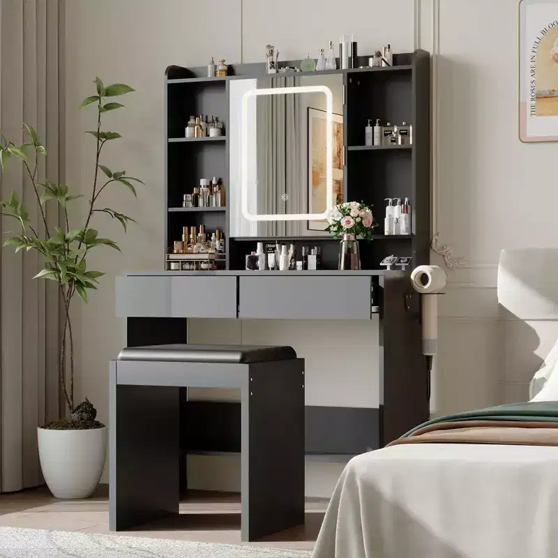 Vanity Desk with Mirror, Makeup Desk with Padded Stool, Dressing Table with Storage Drawers, Hairdryer Holder, Vanity Table Set for Bedroom