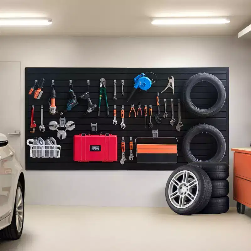 VEVOR Slat Wall Paneling, 8 x 4 ft, PVC Garage Slatwall with Modular Design, Black Slat Wall Easy-to-Install Adjustable Slatwall Panel, Black