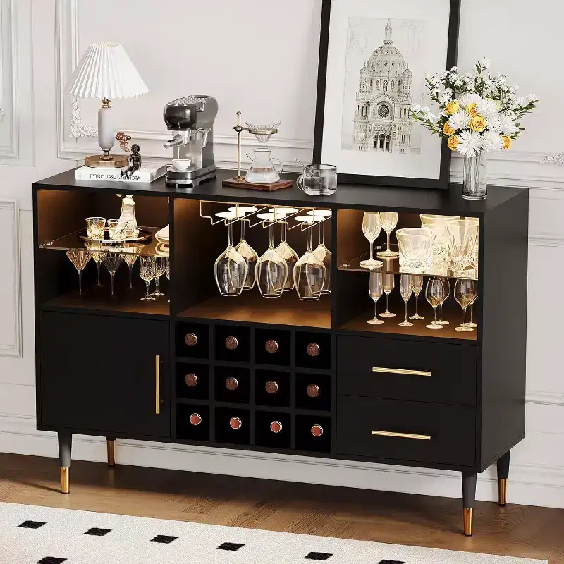 COZONY 47in Wine Bar Cabinet with LED Lights & Charging, Modern Home Bar with Wine Rack & Storage