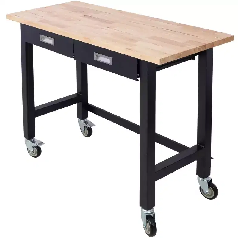 Adjustable Workbench - Heavy-Duty Bamboo and Steel Workstation with Drawers, Power Outlets(Black)