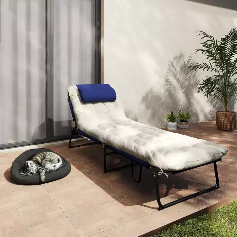 Folding Chaise Lounge Pool Chair with 4-level Reclining Back, Cushion, Side Pocket, Headrest