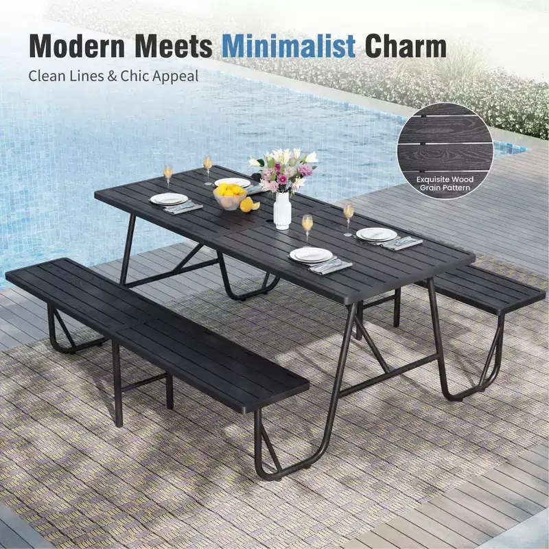 Captiva Designs Outdoor Wood Grain Dining Set with A Shaped Frame Design & Umbrella Hole