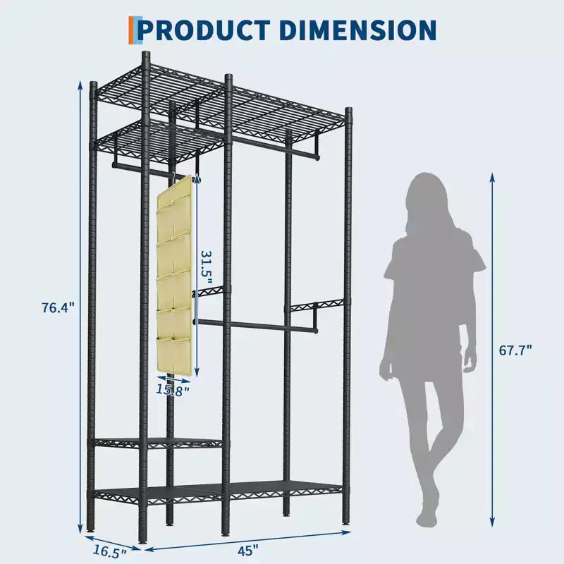Heavy Duty Clothes Rack with 4 Tiers Shelves, Freestanding Portable Closet, Adjustable Clothing Storage Rack, Supports Up to 850 LBS