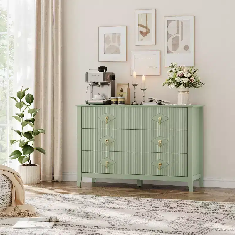 Three-drawer bedroom dresser with metal handles, suitable as a TV stand or wooden storage cabinet for bedrooms, living rooms, or hallways.