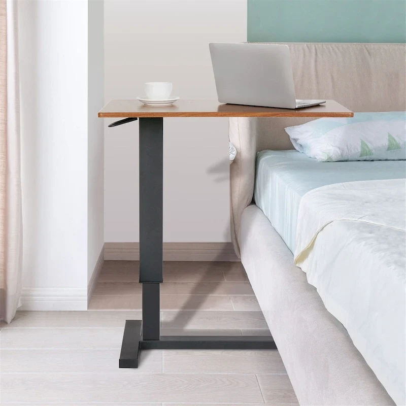 Black Oak Rolling C-Shape Adjustable Height Sofa Side Table for 1 Person