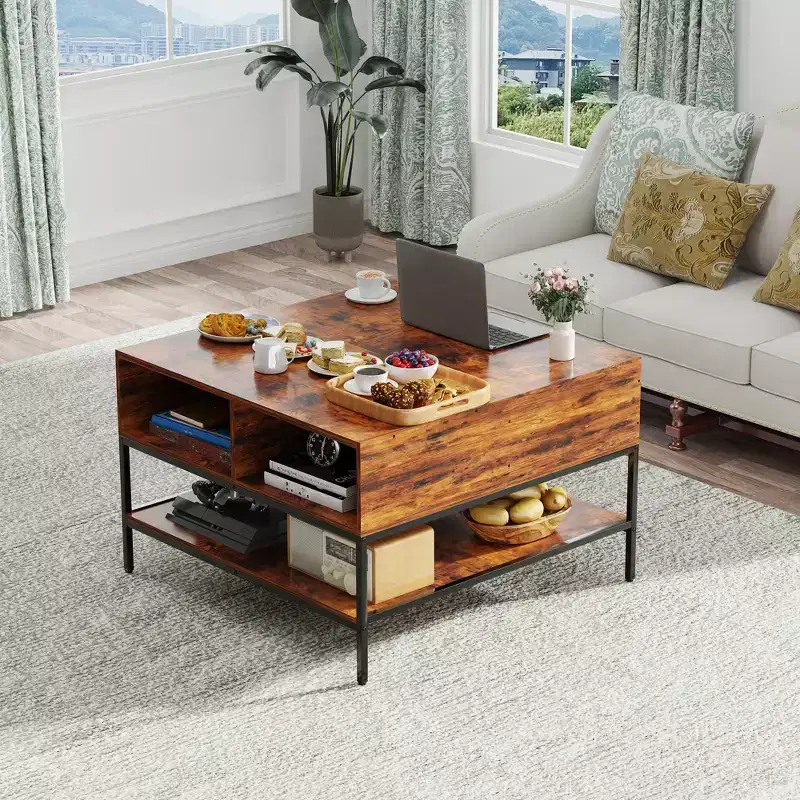 31.5in Square Flip-Top Coffee Table with Hidden Compartment & Black Metal for Living Room, Lift-Top Design End Table, Easy Assembly, Dark Walnut