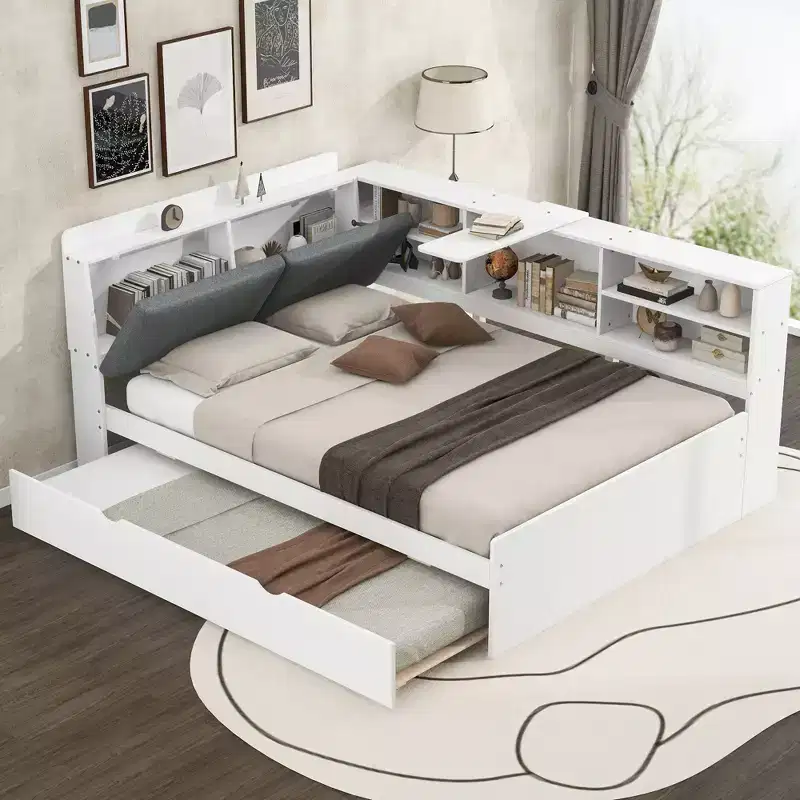 FAMYYT Full Size Platform Bed?With Storage Headboard, Shelves and Trundle, Easy Assembly