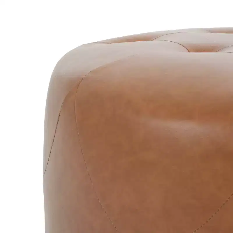Round Button Tufted Ottoman, PU/Linen Upholstered Footstool with Birch Wood Legs