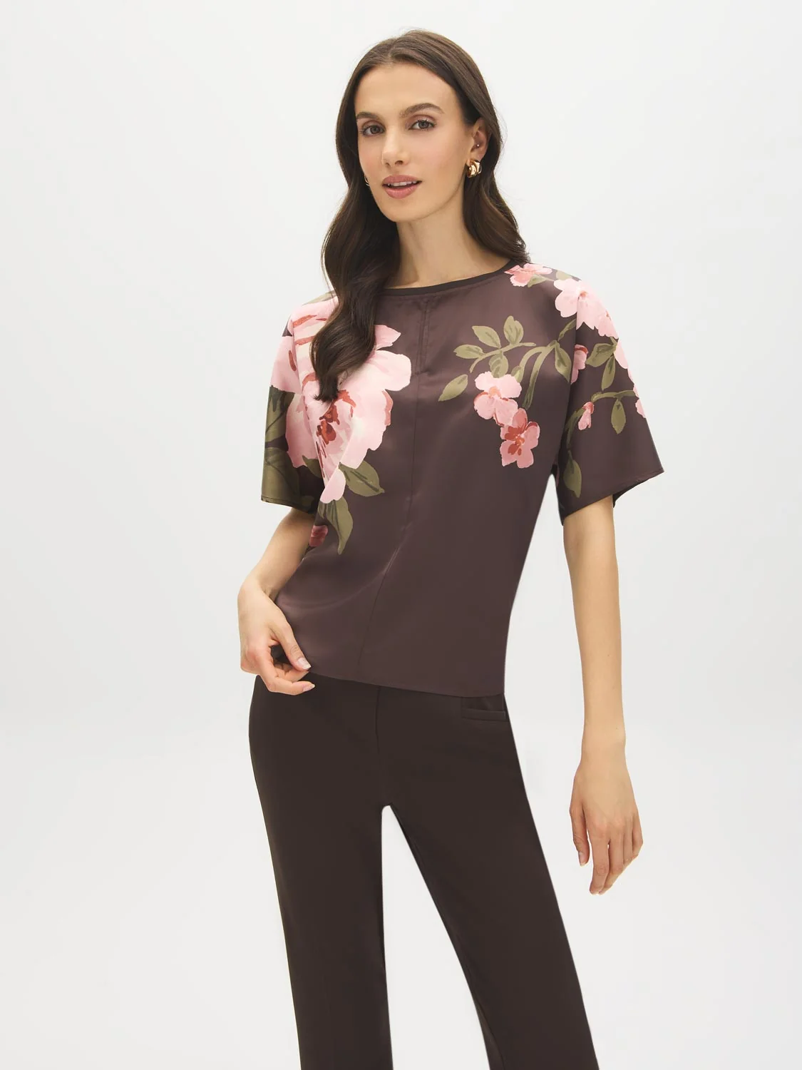 Floral Satin-Front Dolman Sleeve Top