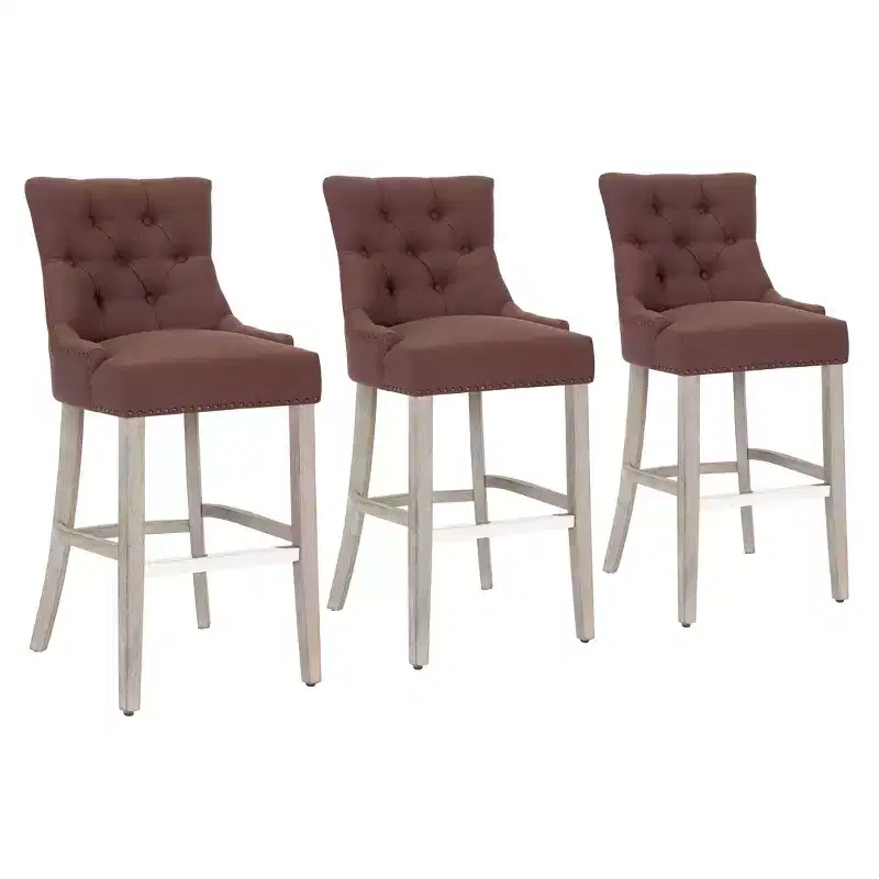 WestinTrends 29 Linen Tufted Buttons Upholstered Wingback Bar Stool (Set of 3), Brown