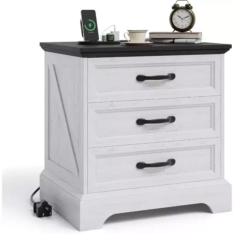 24-inch Wide Country-style Bedside Table and Side Table with a Charging Station and 3 Large Drawers, Small Space, White Side Table, One Pack