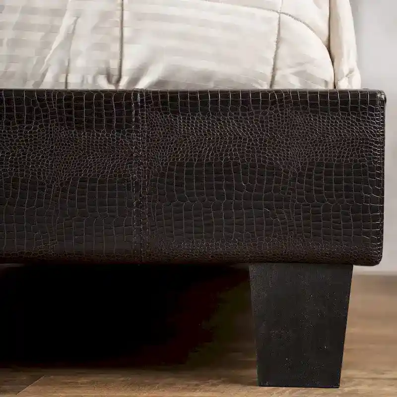 Brown Faux Leather Low-Profile Platform Bed with Crocodile Texture and Tapered Legs for 1–2 Person