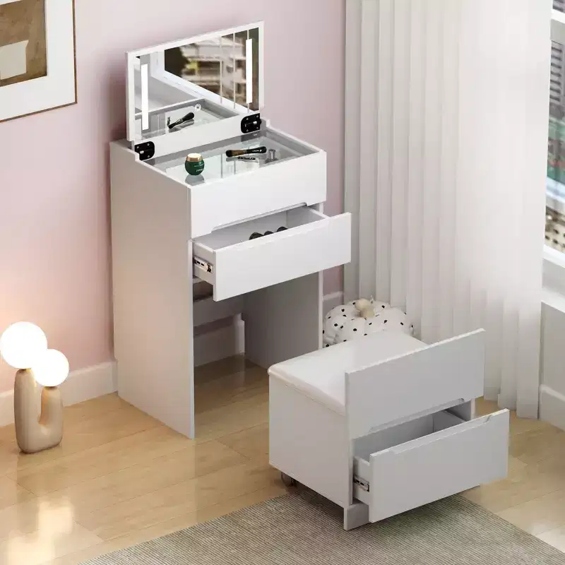 Okak 3-IN-1 Vanity Desk with Visible Glass Desktop and Flip Top Mirror, Makeup Vanity with 3 Drawers and 1 Stool, Compact Vanity for Bedroom, White