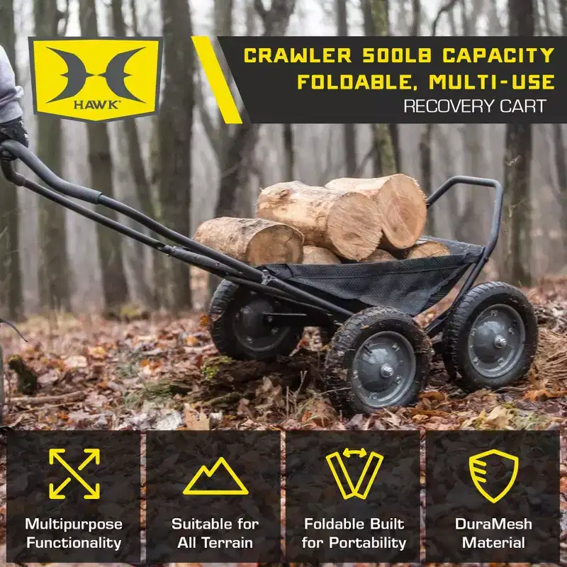 Hawk Crawler Multi-Use Folding Cart, Deer Hunting Fishing Cart with 500 Pound Capacity for Hauling Game, Bait, Hunting Gear, and Wood, Black