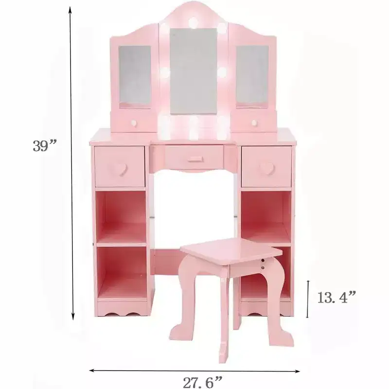 Girls Vanity Set with Tri-Fold Mirror, 2-in-1 Wooden Dressing Table and Stool, Princess Pretend Play Makeup Desk with Drawer for Little Girls