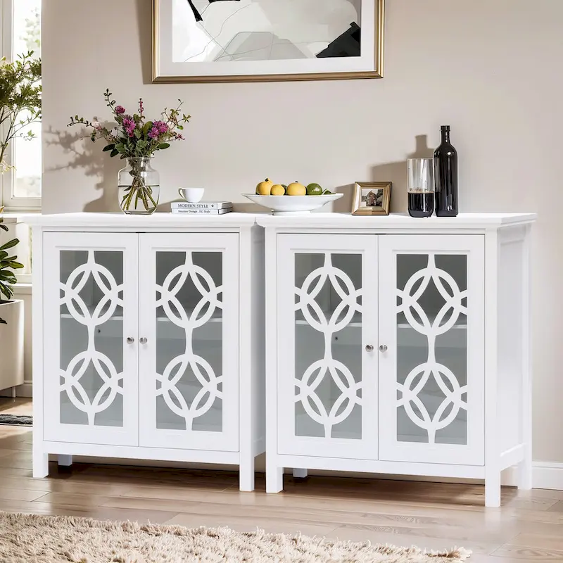 White Pine Wood 35.8 Wide Sideboard Cabinet with Glass Doors (Set of 2)
