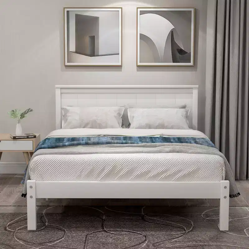 Twin Size Platform Bed With Headboard, Easy Assembly, White