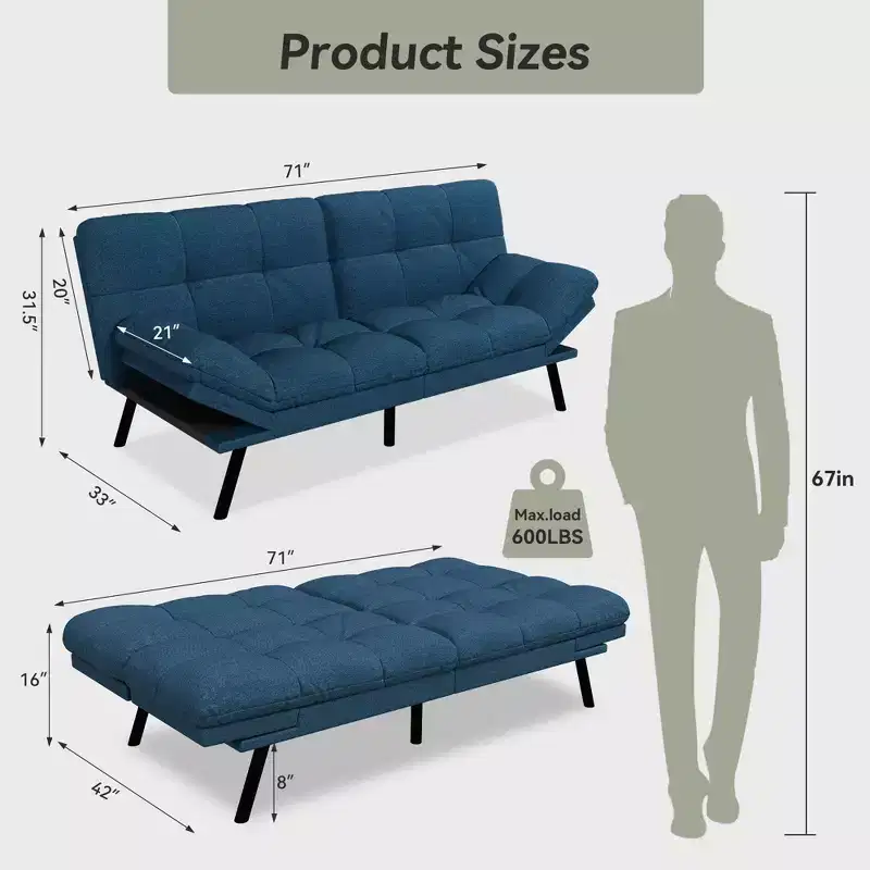 Dyonery 71 Sofa Bed Convertible Couch, Sofa Bed with Memory Foam, Adjustable Backrest & Armrests, Multifunctional Small Loveseat Sleeper Sofa