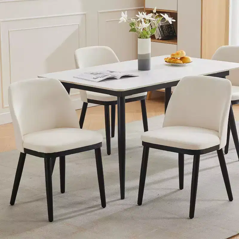 Modern Dining Chair, Linen Upholstered Kitchen Chair, Dining Room Chair with Curved Back, Sold Wood Legs, for Kitchen, Dining Room