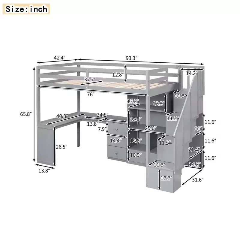 Twin Size Loft Bed with L-Shaped Desk and Storage Staircase, Wooden High Loftbed Frame with Drawers & Cabinet for Bedroom Dorm