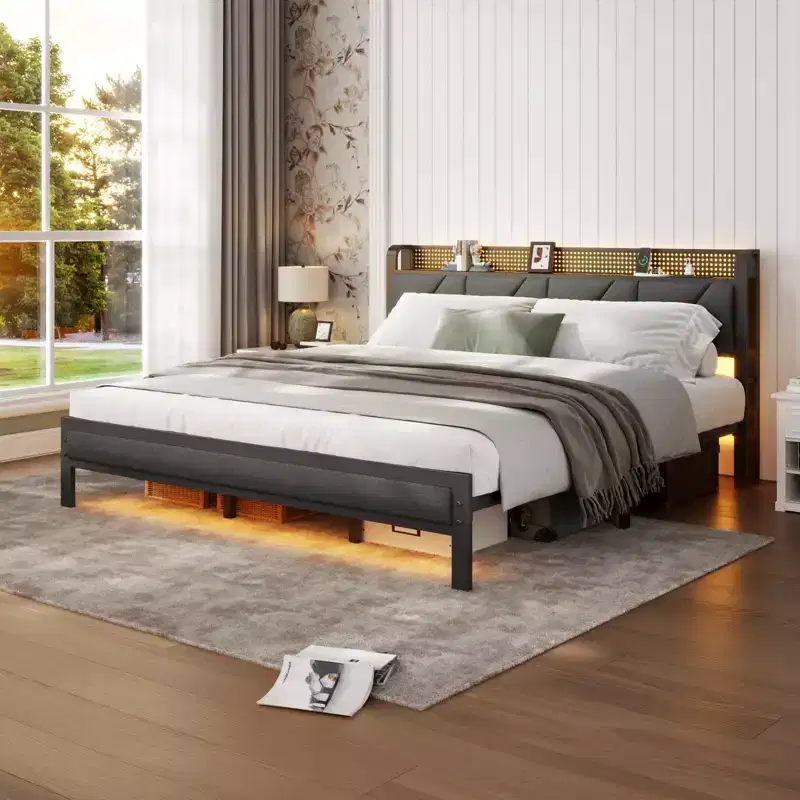 King Size Metal Platform Bed Frame Upholstered Headboard Footboard LED Lights Charging Station Heavy Duty Support No Box Spring Needed USB