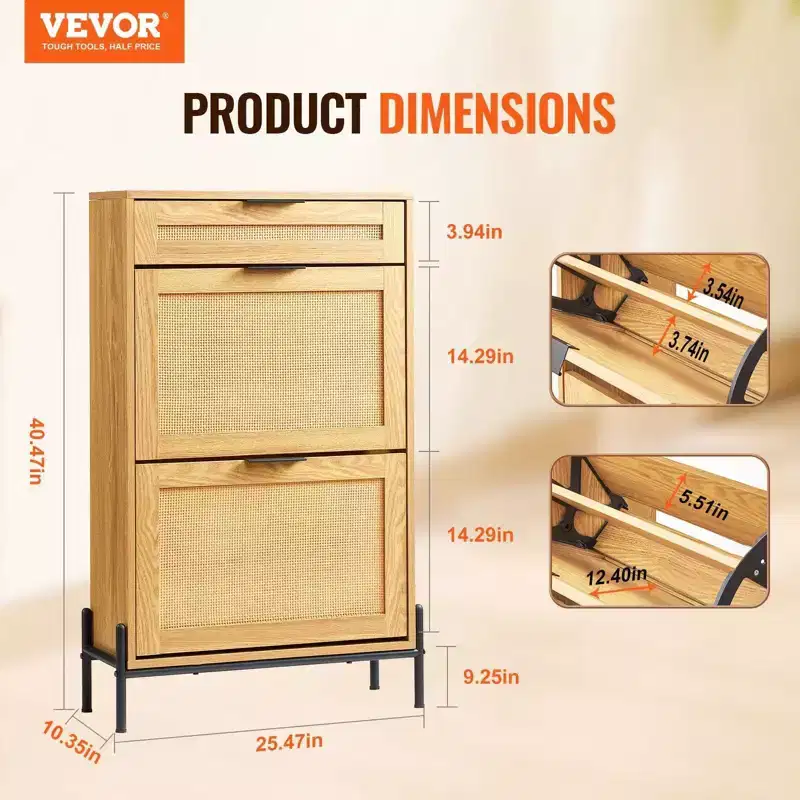 VIYET Slim Rattan Shoe Storage Cabinet,2 Flip Rattan &1 Slide Drawers,Metal Legs,Entryway/Hallway/Closet,Light Wood Color