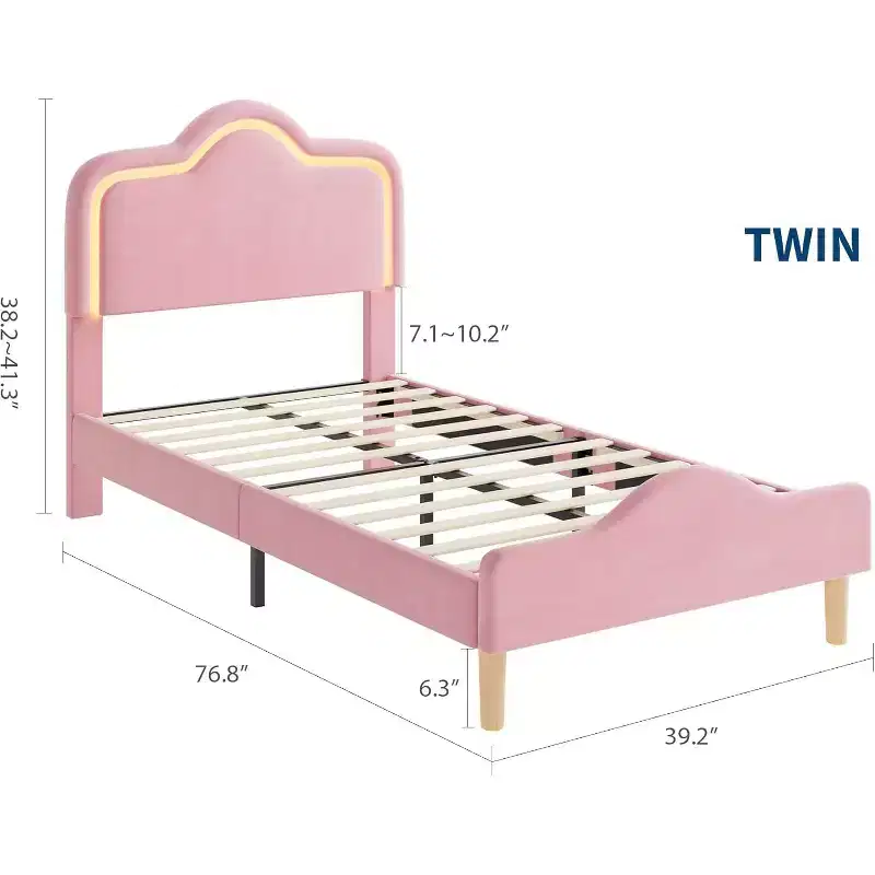 Twin Size Bed Frame withHeadboard and Footboard, Velvet Upholstered Princess Platform Bedframe for Kids/Girls, Pink