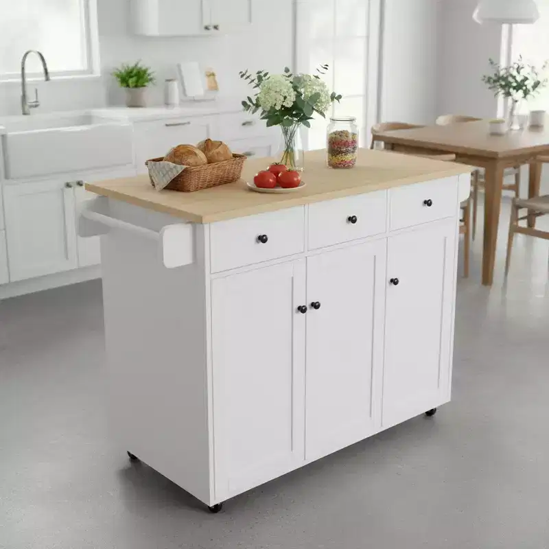 Mobile Kitchen Island Cart with Folding Drop Leaf, 45.3 Wide Kitchen Storage Cabinet on Wheels, Rolling Space Saving Prep Table, White