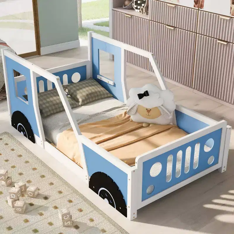 Twin/Full Platform Bed Frame with Wheels - Classic Car-Shaped Kids Bed with Rails, White