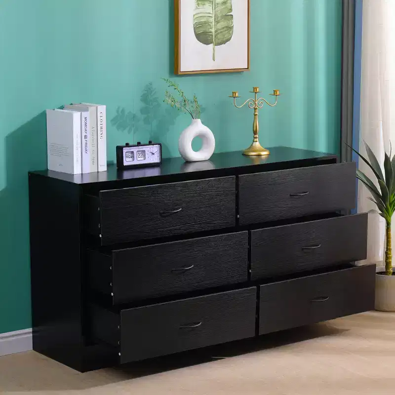Wide 6 Drawer Dresser for Bedroom 53.5 Inch Modern Chest of Drawers MDF Wood Black Finish