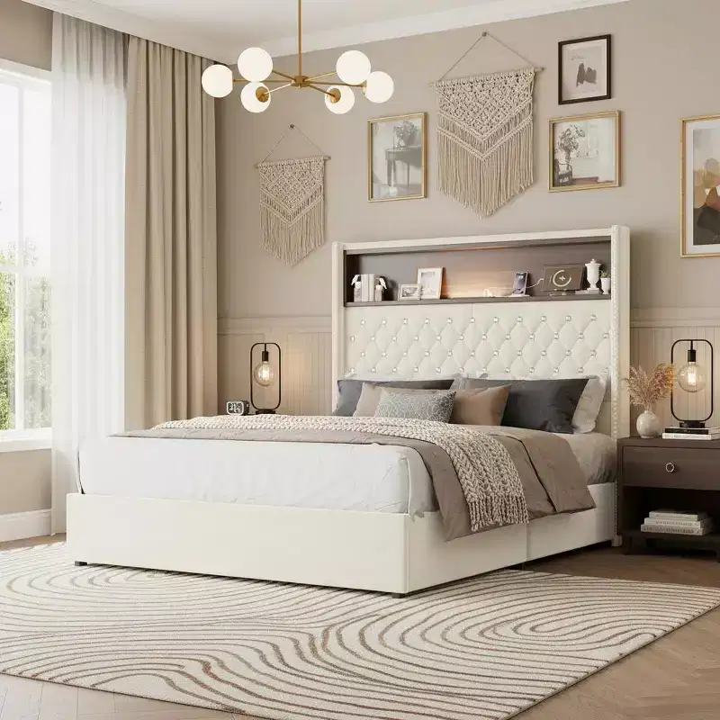 Velvet Bed Frame with Tufted Headboard