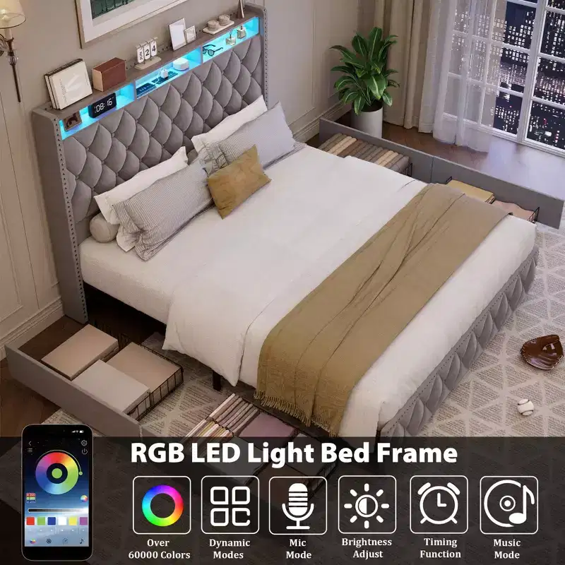 GustoWave Velvet Upholstered Bed Frame with 50.8 Tall Headboard, USB Charging Station, Led Lights