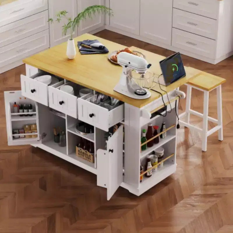 53 inch White Large Kitchen Island with 2 Bar Stools, Kitchen Storage Cart on 5 Wheels with Drop Leaf for Kitchen Dining Room
