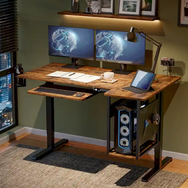 57 inch Electric Standing Desk Adjustable Height L Shaped Desk with Keyboard Tray and Host Shelf