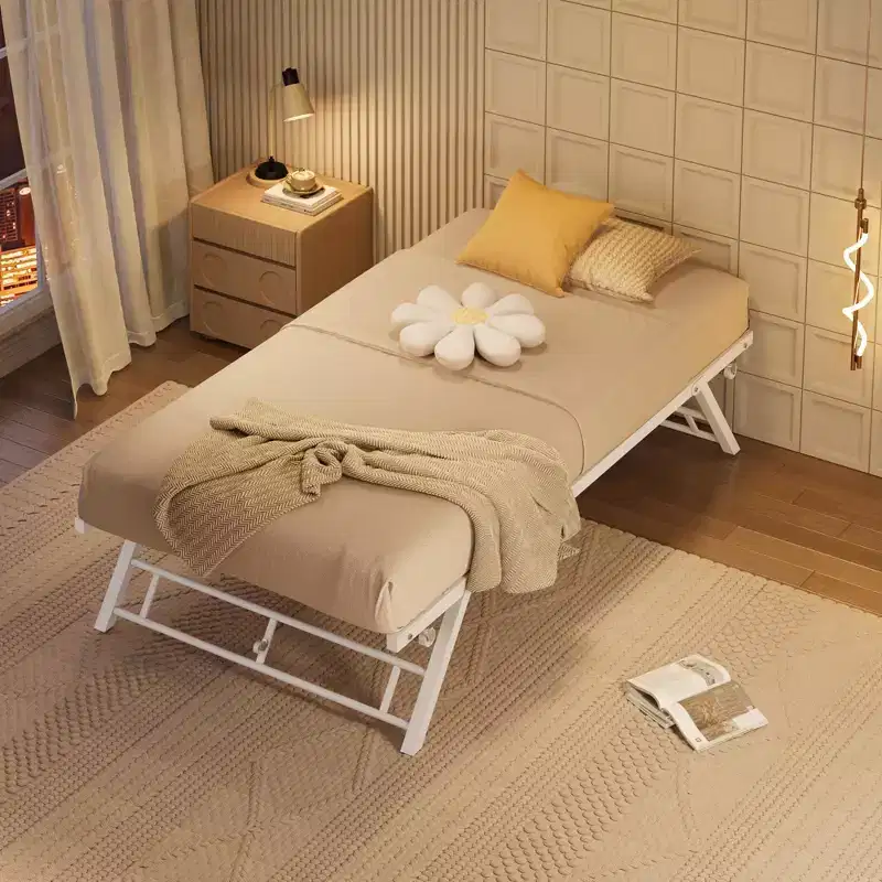 Stand Up Trundle Day Bed,Pop Up Trundle,Twin Trundle Bed Frame Only,Metal Slats Support with Lockable Casters,White