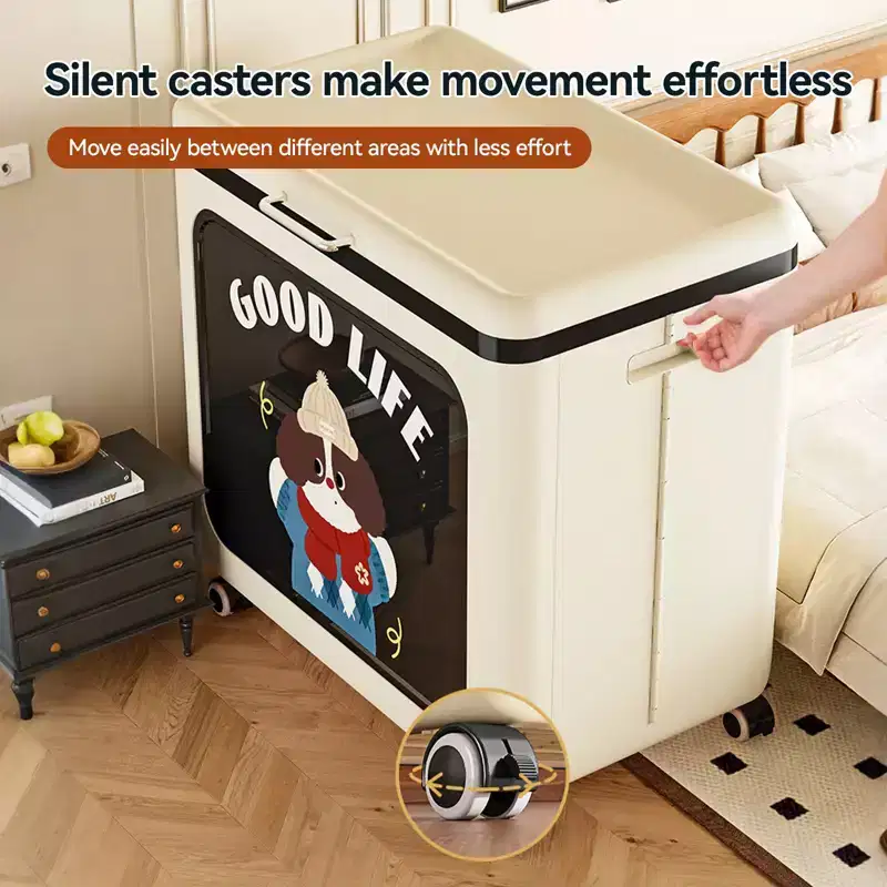 AEELLEEA Rolling Open Storage Bin - Cream Black Simulated Rattan Weave Design, Stackable & Comfort Handle (24.41 L x 15.35 W x 24.21 H)