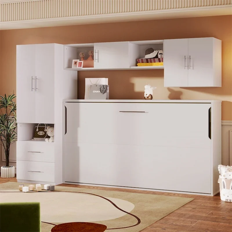 Twin Size Murphy Bed with Open Shelves and Storage Drawers