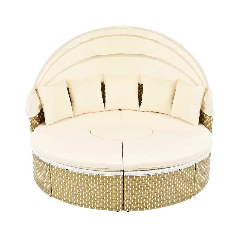 Round Outdoor Sectional Sofa Set Rattan Daybed Two-Tone Weave Sunbed with Retractable Canopy, Separate Seating